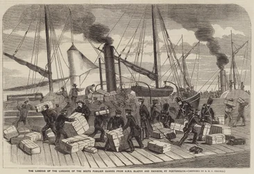 The Landing of the Luggage of the Scots Fusilier Guards from HMS Blazer and Rainbow, at Portsmouth
